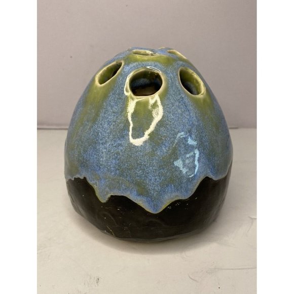 Handmade Art Pottery Drip Glaze Flower Frog Bud Vase Artist Signed Primitive - Picture 9 of 10